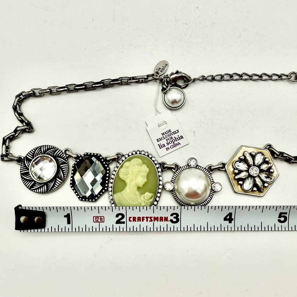 Retirired Lia Sophia Nostalgia Necklace Cameo Crystal Pearl 15–19" Vintage Look - Picture 5 of 9